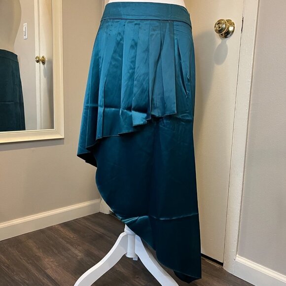 Shein Teal Unity Ruffle Trim Asymmetrical Hem Satin Skirt, Size Large - Picture 5 of 15